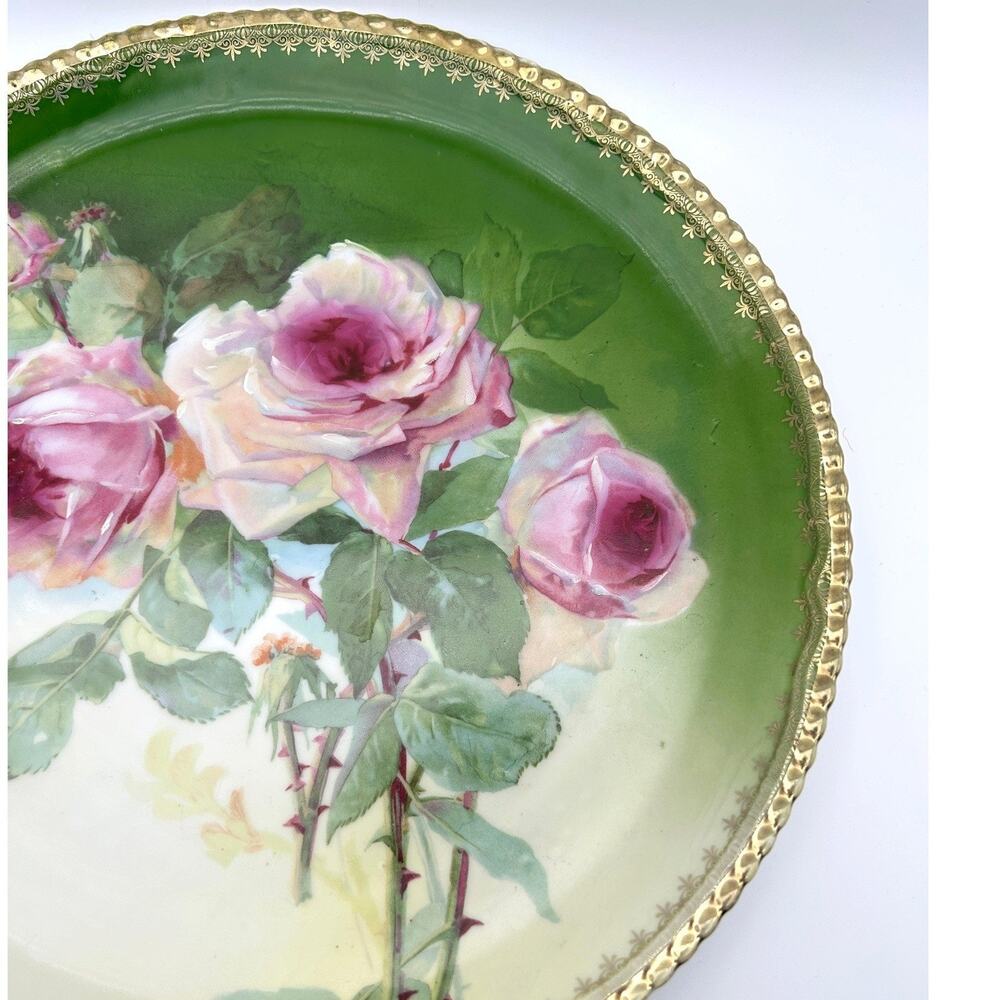 Porzellanfabrik Moschendorf Cabinet Plate 12" Charger Green Roses Antique - Picture 5 of 7